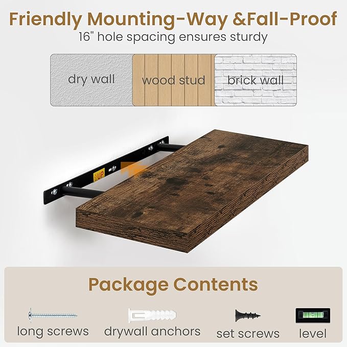Fun Memories 72 Inch Long Floating Shelves for Wall, 72x9.3 Large Floating Shelf for Bedroom, Kitchen, Bathroom, Wall Mounted Rustic Wood Shelves with Invisible Bracket for Books, Decor, Rustic Brown