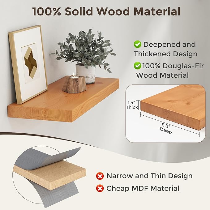 Axeman 24 Inch Floating Shelves for Wall, 9.3" Deep High End Solid Real Wood Wall Shelves with Heavy Duty Invisible Bracket for Living Room, Bedroom, Kitchen, Bathroom, Set of 2, Natural