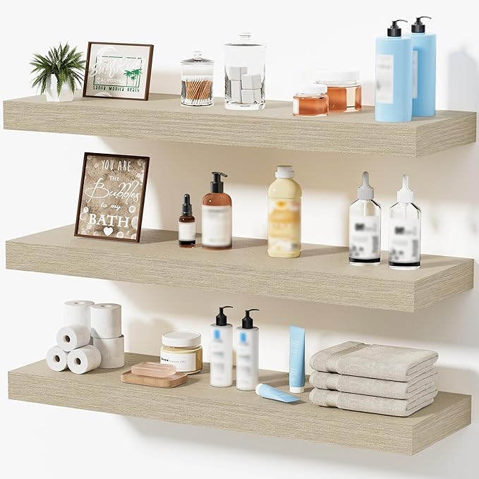 Floating Shelves for Wall, Bathroom Shelves Over Toilet, Wall Shelves & Book Shelf for Room, Hanging Shelf, Modern Wooden Mounted Floating Shelves, 24x7x1.5 in (Oak, Set of 3)