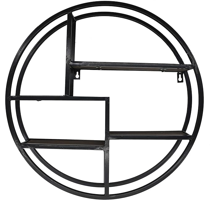 Admired By Nature, 18" Mounted Iron Circle Hanging Storage Shelving Floating Shelf 4 Tier Floating Circular Wall Decor Round Decorative Hanging Shelves, Sphere Shape Wall Shelf For Home, Black, 1 unit