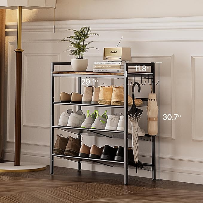 4 Tier Shoe Rack, Shoe Rack for Front Door Entrance with Hook, Shoe Organizer with Adjustable Mesh Shelves, Metal Shoe Rack for Entryway, Closet, Bedroom Living Room Garage