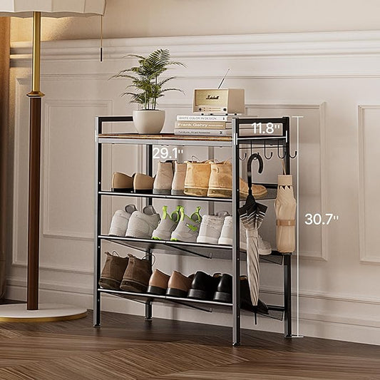 4 Tier Shoe Rack, Shoe Rack for Front Door Entrance with Hook, Shoe Organizer with Adjustable Mesh Shelves, Metal Shoe Rack for Entryway, Closet, Bedroom Living Room Garage