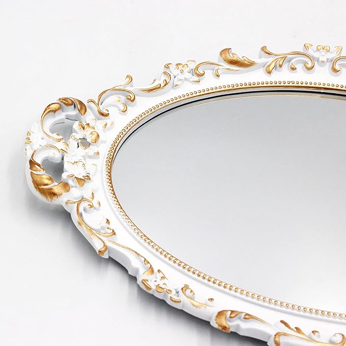 2 Pack - Vintage Decorative White Framed Mirror, Wall Hanging Mirrors & Tabletop Tray for Bedroom Living Room Dresser Decor, Oval- 9.6