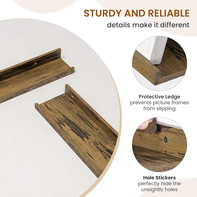 Axeman Picture Ledge Shelf, Floating Shelves for Storage Set of 6, 16 inch Floating Wall Mounted Shelves, Wall Shelves with Lip for Living Room, Bedroom, Nursery, Bathroom, Kitchen, Rustic Brown