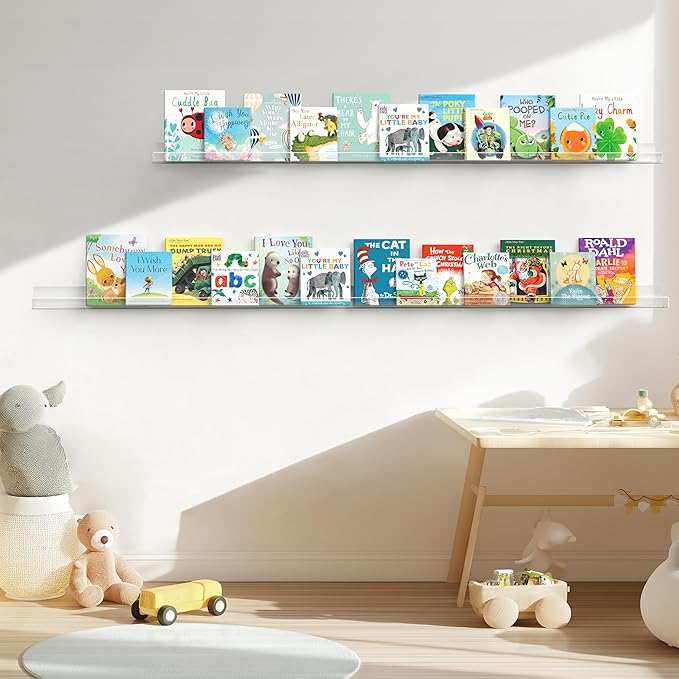 HBlife 48 Inches Invisible Wall Floating Bookshelf for Kids and Nursery, Clear Acrylic Shelves for Figures, 16 Inch Stud Spacing Long Large Picture Ledge Shelf for Photo Frames, 2 Pack (5MM Thick)
