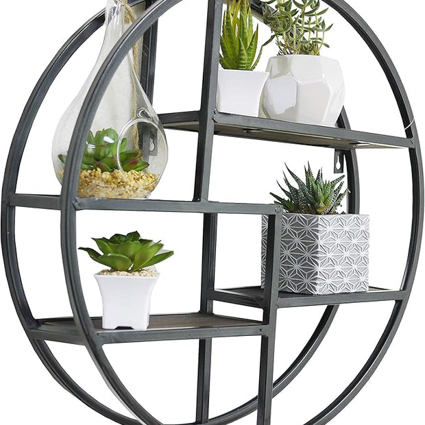 Admired By Nature, 18" Mounted Iron Circle Hanging Storage Shelving Floating Shelf 4 Tier Floating Circular Wall Decor Round Decorative Hanging Shelves, Sphere Shape Wall Shelf For Home, Black, 1 unit