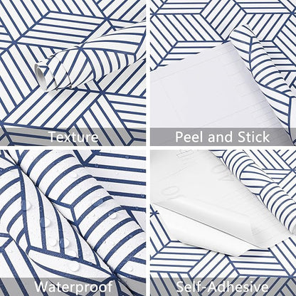 WENMER 17.7" x 394" Geometric Hexagon Wallpaper Peel and Stick Wallpaper Blue and White Contact Paper Removable Self Adhesive Wallpaper Vinyl Film for Home Use