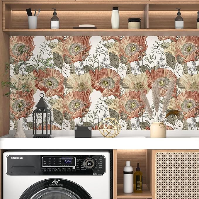 Livebor Floral Wallpaper Peel and Stick Boho Large Floral Peel and Stick Wallpaper Vintage Multicolor Flower Contact Paper 17.7'' x 393.7'' Self Adhesive Wall Paper for Bathroom Wall Covering Decor