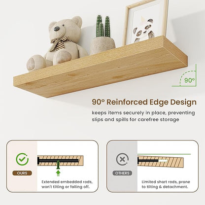 32in Floating Shelves for Wall, 32"W x 9.25"D x 1.25"H, 2 Pack Long Wall Mounted Engineered Wood Shelves with Invisible Brackets for Living Room, Bedroom, Bathroom, Kitchen Decor and Storage, Oak