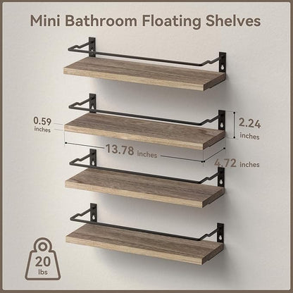 RICHER HOUSE 4-Piece Bathroom Paulownia Wood Shelves Set, Wall Mounted, Protected Guardrail, 20 lbs Weight Capacity - Carbonized Black