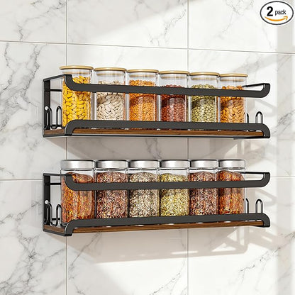 Doakhirmit Wall Mounted Spice Rack with 16 Hooks, Rustic Wood Spice Organizer Shelf for Stove Cabinet Pantry Door,Screw or Adhesive Hanging Spice Shelf,Wall Spice Rack in Kitchen and RV,2 Pack