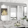 Brushed Nickel Bathroom Wall Mirror, Silver Metal Framed Large Rounded Corner Rectangle Mirror, Tempered Glass, Shatter Proof, Hangs Horizontally or Vertically (30