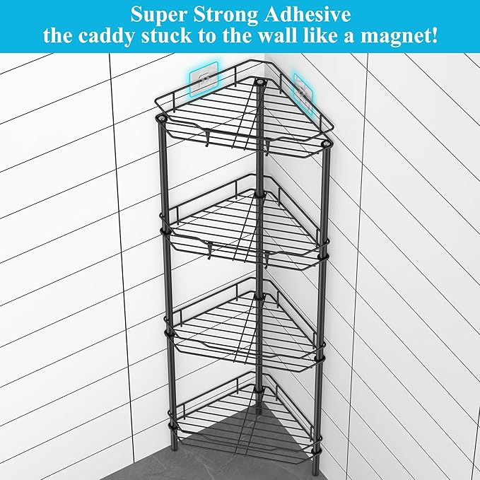 4 Tier Floor Standing Corner Shower Caddy Organizer Shelf with Hooks, Bathroom Shelves Stand Rack, Matt Black
