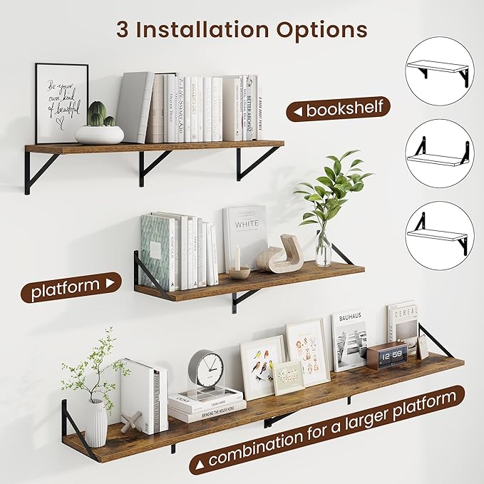 Axeman Deep Floating Shelves | 36 Inch Brown Wall Shelves Set of 2 | 10 Inch Deep Wood Floating Shelves for Wall | 36