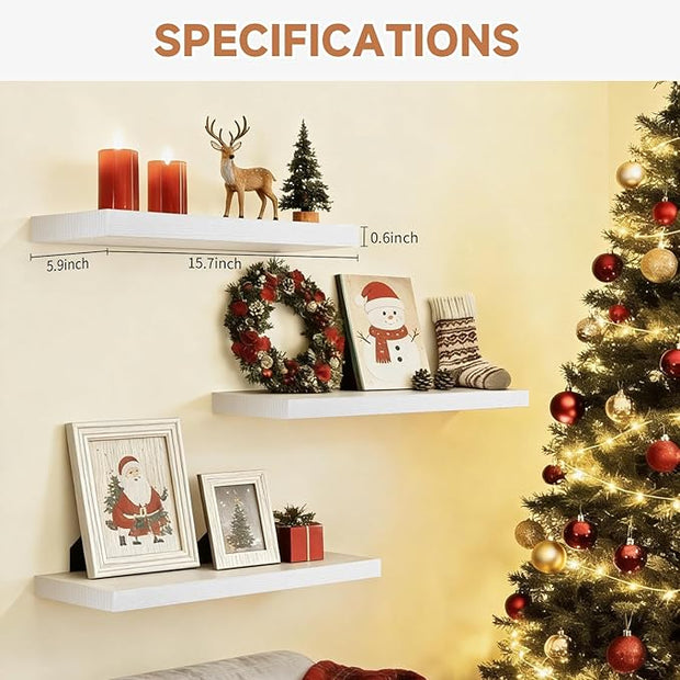Floating Shelves Set of 3, 15.7 Inch Wall Mounted Wooden Shelf, Small Hanging Shelf for Room Decor, Books and Storage, Save Storage for Bedroom, Living Room, Bathroom, White