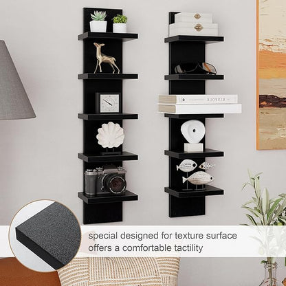 Fun Memories 5 Tier Wall Shelf Unit, Black Floating Shelves for Storage - Vertical Column Tower Design, Lack Wall Shelf Space Saving Organizer for Bedroom, Living Room, Home Decor， 2Pack
