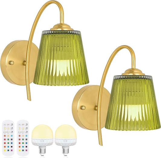 Vintage Battery Wall Sconce with Flower lampshade,Rechargeable Battery Powered Wall Lights,Wall lamp with 15 Colors for Bedroom Living Room Home Decor (Green Stripe, 2 Light Battery Operated)