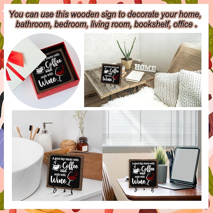 Coffee And Wine Desk Decor Sign, Rustic Wooden Sign With Stand, A Good Day Starts With Coffee And Ends With Wine Sign For Farmhouse Home Kitchen Bar Shelf Table, Gifts For Family Friend Coworker-06