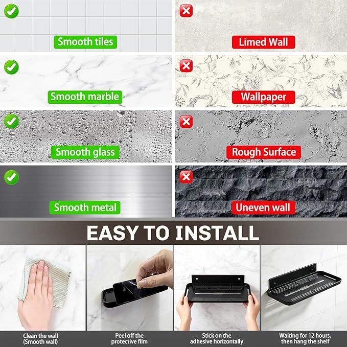 Adhesive Floating Shelves No Drill Floating Shelf for Wall Storage Damage-Free Wall Mounted Organizer for Bathroom, Kitchen, Bedroom & Office (Black, 4 PCS)