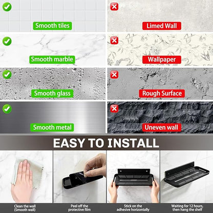 Adhesive Floating Shelves No Drill Floating Shelf for Wall Storage Damage-Free Wall Mounted Organizer for Bathroom, Kitchen, Bedroom & Office (Black, 4 PCS)
