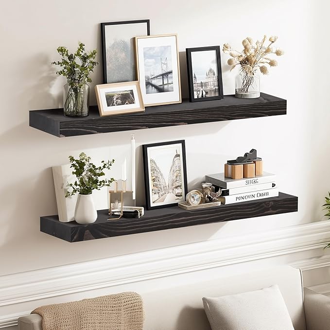 24x8x1.6 inch Floating Shelves Set of 2 – Solid Wood Rustic Black Wall Mounted Shelf for Kitchen, Bathroom, Living Room