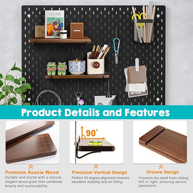 2 Pack Walnut Color Pegboard Shelf, Pegboard Accessories, Wooden Pegboard Shelves with Pegboard Hooks, Compatible with IKEA Skadis Pegboard