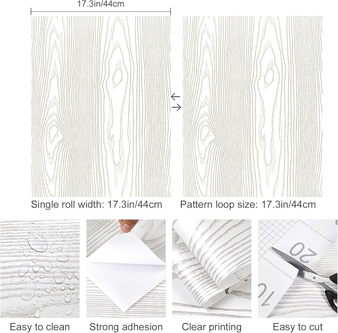 Yun-aeon Light White and Silver Wood Contact Paper 17.3"x80" Rustic Wooden Peel and Stick Wallpaper Removable Self-Adhesive Wallpaper Wood Grain Contact Paper for Countertops Cabinets