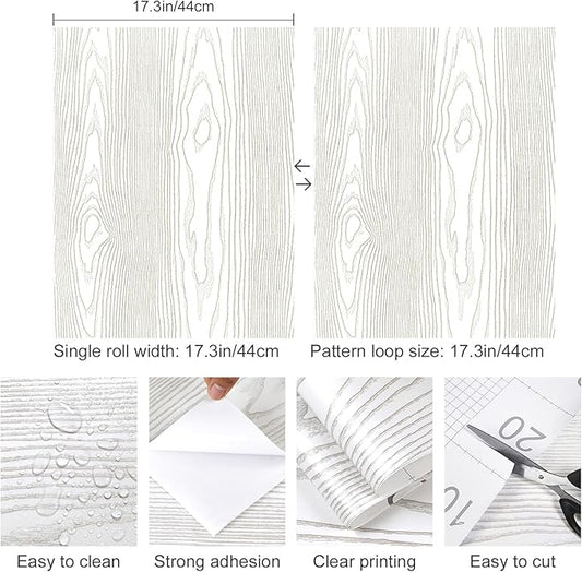 Yun-aeon Light White and Silver Wood Contact Paper 17.3"x120" Rustic Wooden Peel and Stick Wallpaper Removable Self-Adhesive Wallpaper Wood Grain Contact Paper for Countertops Cabinets