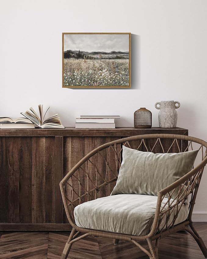 SHENIFY Vintage Landscape Framed Canvas Wall Art Prairie in Full Bloom Classic Painting Modern Farmhouse Bathroom Office Decor - 11x14in Natural Framed
