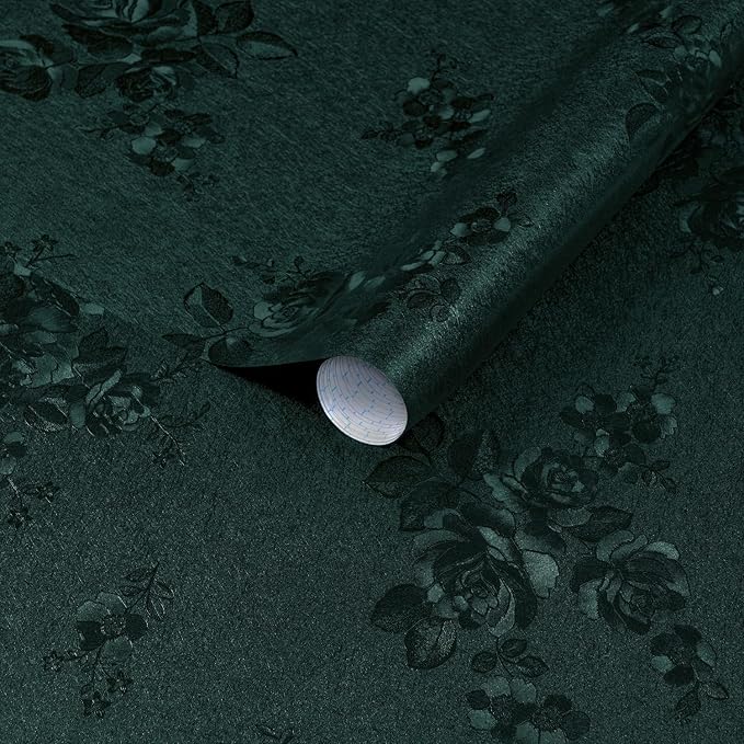 Dimoon 17.7''x78.7'' Green Peel and Stick Wallpaper Gothic Floral Wall Paper Contact Paper Closeout Renter Friendly Modern Self Adhesive Damask Cabinet Vinyl Roll(78.7''x17.7'', Green Floral Textured)