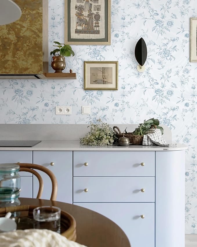Ismoon Blue Wallpaper Peel and Stick Floral Vintage Stick on Wall Paper French Textured Contact Paper for Cabinet Removable Self Adhesive Wallpaper Vinyl Roll Shelf Deco, 17.3x78.7in