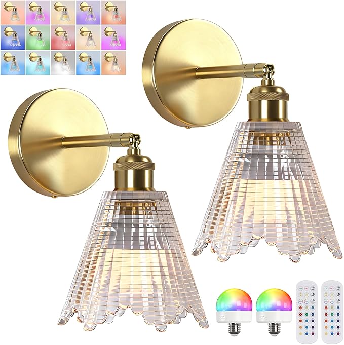 Vintage Battery Operated Wall Sconce with Transparent Crystal Grid Glass Lampshade Rechargeable Battery Powered Wall Light with Remote Control for Bedside Bedroom Bathroom, Set of 2