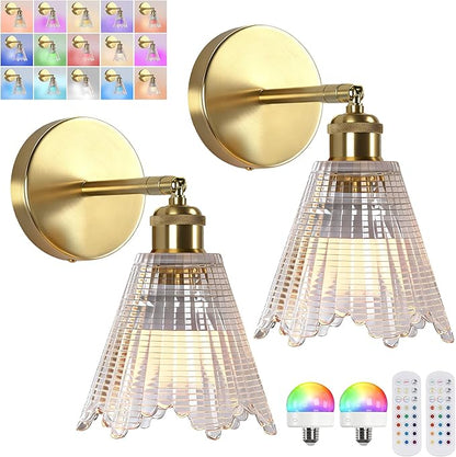 Vintage Battery Operated Wall Sconce with Transparent Crystal Grid Glass Lampshade Rechargeable Battery Powered Wall Light with Remote Control for Bedside Bedroom Bathroom, Set of 2