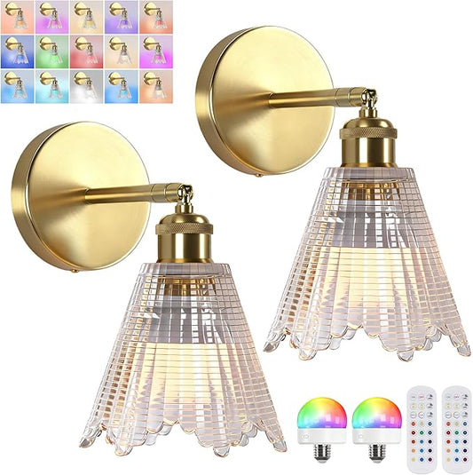 Vintage Battery Operated Wall Sconce with Transparent Crystal Grid Glass Lampshade Rechargeable Battery Powered Wall Light with Remote Control for Bedside Bedroom Bathroom, Set of 2