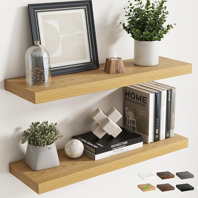 30 Inch Floating Shelves for Wall Set of 2, 8"D Wood Grain Bathroom Shelves with Invisible Brackets, Easy Install Engineered Wood Storage Shelves for Kitchen, Living Room, Bedroom, Oak Finish