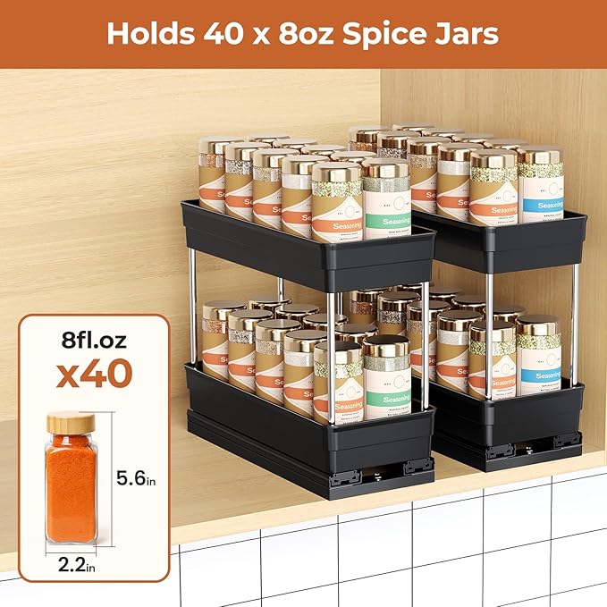 Pull Out Spice Rack Organizer for Cabinet, Slide Out Spice Racks Organizer, Easy to Install Spice Cabinet Organizers, 4.33''Wx10.62''Dx8.66''H, 2 Packs-2 Tiers(Black)