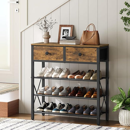 4 Tier Shoe Rack, Large Capacity Shoe Storage Organizer, Metal Shoe Shelf with Drawer and Wooden Top, for 16 Pairs of Shoes, for Entryway, Closet, Rustic Brown and Black SS24BR