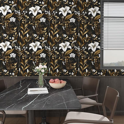 Black Gold Wallpaper Peel and Stick, Dark White Floral Vintage Contact Paper 17.5" x 197", Golden Botanical Wall Paper Self Adhesive Removable Waterproof for Bedroom Shelf Drawer Table Decor
