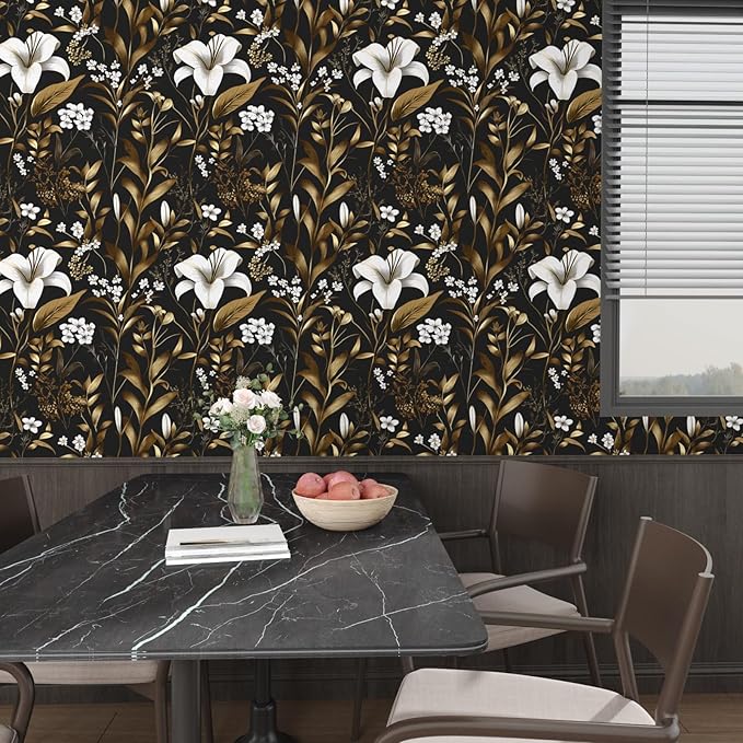 White Floral Wallpaper Peel and Stick, Black Gold Vintage Contact Paper, Dark Golden Botanical Wall Paper Self Adhesive Removable Waterproof for Bedroom Cabinet Drawer Table Decor 17.5