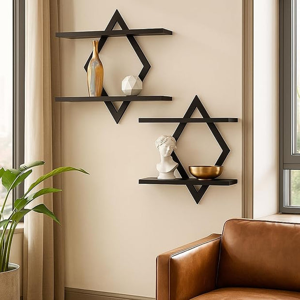 Floating Shelves for Wall,Decorative Wall Shelf,2 Tier Hanging Shelf for Plants Storage Display Holder,Indoor Decor for Living Room Home Office Bathroom Bedroom,Solid Wood,Diamond Shaped,2 Pack,Black