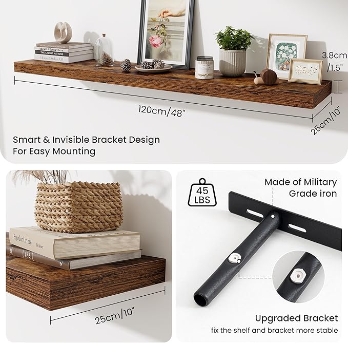 Fun Memories 55 Inch Fireplace Mantel Shelf, 10 Inch Deep Shelves for Display & Wall Storage, Rustic Wood Wall Shelf, Extra Long Floating Shelves for Living Room Laundry Room, Rustic Brown, Set of 1