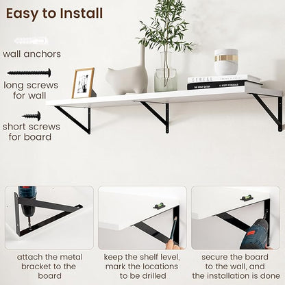 Axeman Floating Shelves for Wall White - 48 Inch Wide x 12 Inch Deep Wall Shelves Set of 2 - White Deep Wood Floating Shelves for Living Room Bedroom Laundry Room