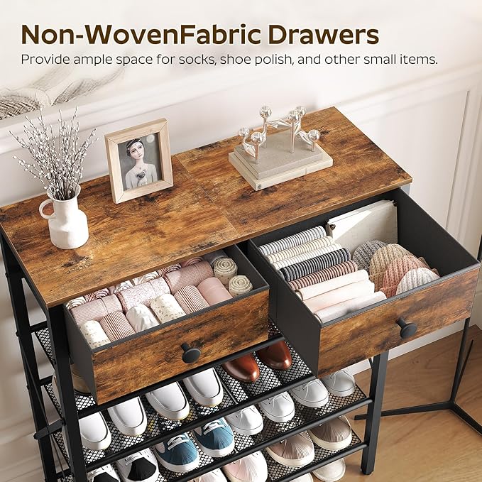 5 Tier Shoe Rack, Large Capacity Shoe Storage Organizer, Metal Shoe Shelf with Drawer and Wooden Top, for 20 Pairs of Shoes, for Entryway, Closet, Rustic Brown and Black SS25BRY1N1