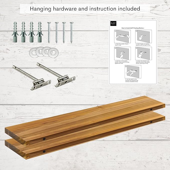 Teak Wood Floating Shelves Perfect for Bathroom Décor Pack of 2 Wooden Wall Shelves for Bedroom Living Room Kitchen Simple Minimalist Home Décor 36” x 6.7”
