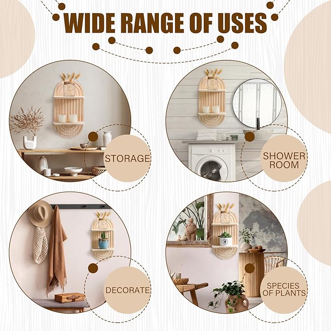 Tatuo 2 Pieces Boho Wall Shelf Decor Floating Shelves for Wall Wooden Hanging Holder for Living Room Bathroom Bedroom Office Nursery Decoration(Arch)