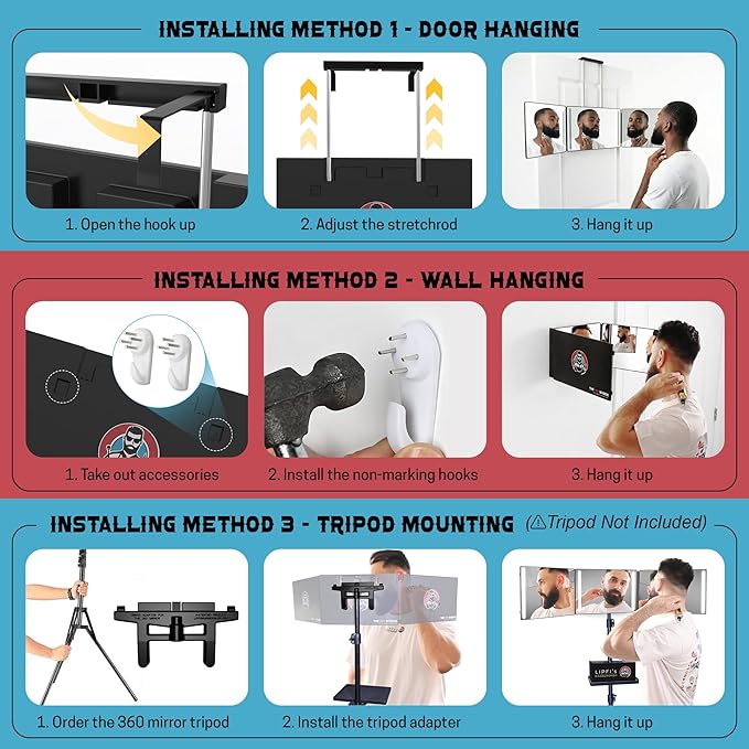 The 360 Mirror - 3 Way Mirror for Self Hair Cutting - Adjustable Trifold Barber Miror to Cut Your Own Hair - Tri Fold Self Haircut System for Men and Women Braiding - Three Sided Miror for Haircuts