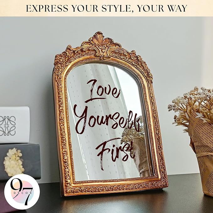 97 Decor Gold Vintage Wall Mirror - Small Gold Mirror for Tabletop and Wall Mounting, Antique Arch Frames for Desk, Small Decorative Mirrors Frame for Home Bedroom, Makeup Room Decor (10x6.8 Inch)