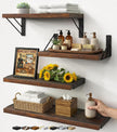 BAYKA Wall Shelves for Bedroom Decor, Floating Wall Shelves for Living Room Kitchen Storage, Mounted Rustic Wood Floating Shelves for Kids Books, Corner Shelf for Bathroom(Rustic Brown，Set of 4)