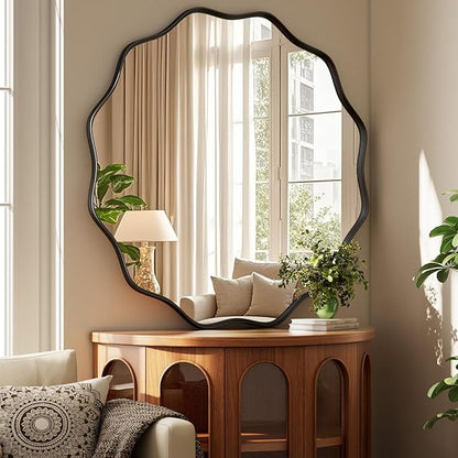 Round Wavy Mirror - 30 Inch Metal Frame Round Mirrors Wavy Edge Circle Mirror for Bathroom Bedroom Living Room Entryway Black