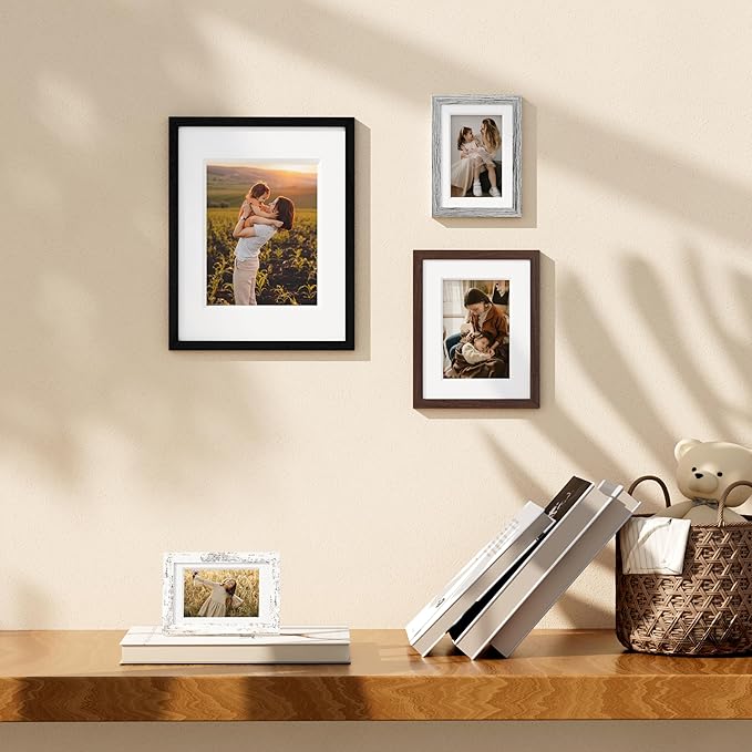 Vittanly 8x10 Picture Frame Set of 4, Display Pictures 5x7 with Mat or 8x10 without Mat, Engineered Wood with Shatter Resistant Plexiglass, Photo Frames for Wall or Tabletop Display, Mixed Colors